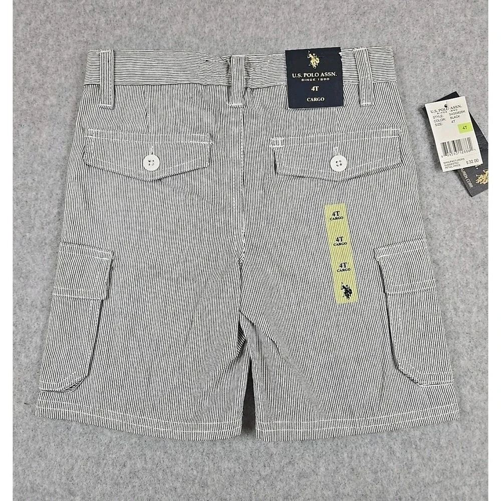 US Polo Assn Boys Size 4T Shorts Flat Front Cargo Pockets Blue Pin‎ Stripped NWT